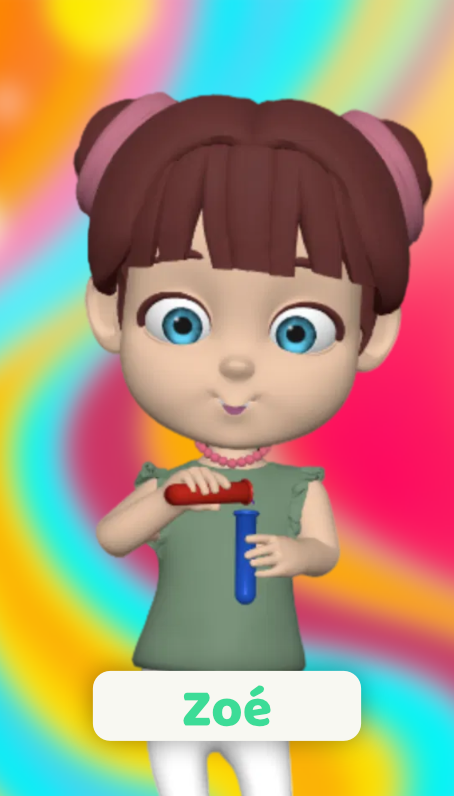 Zoé découvre la science Les Curiozitos Zoé faisant une découverte scientique. Design coloré pour la chaîne pour enfants Les Curiozitos